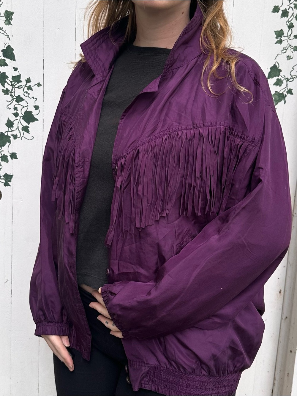 Vintage 80’s Style Purple Fringe Silk Bomber Button Up Windbreaker Jacket by EVR